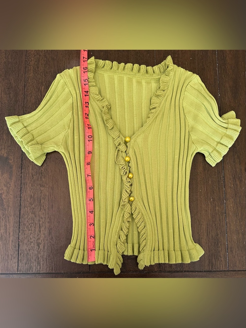 Chartreuse Ribbed Knit Ruffle Trim Top | Y2K Fairycore - Picture 3 of 4